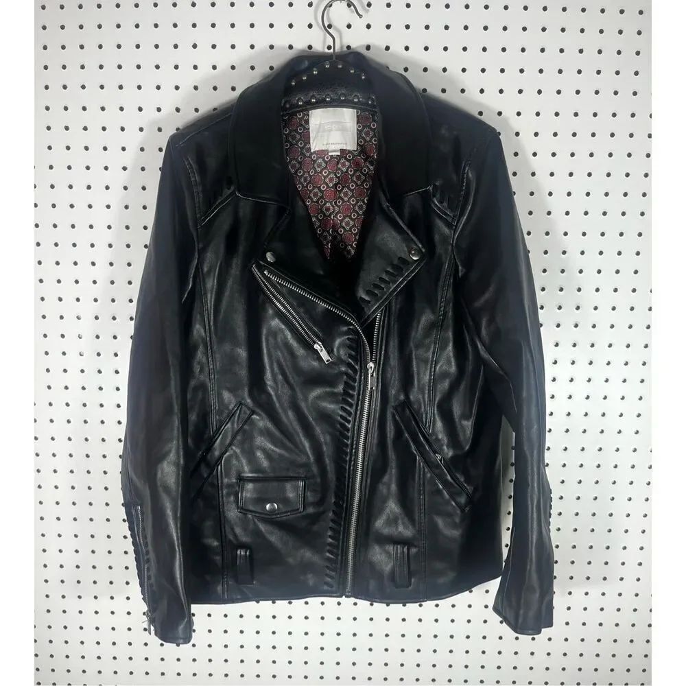 Anthropologie Ett Twa Faux Leather Moto Zip Up Jacket size L (missing belt)